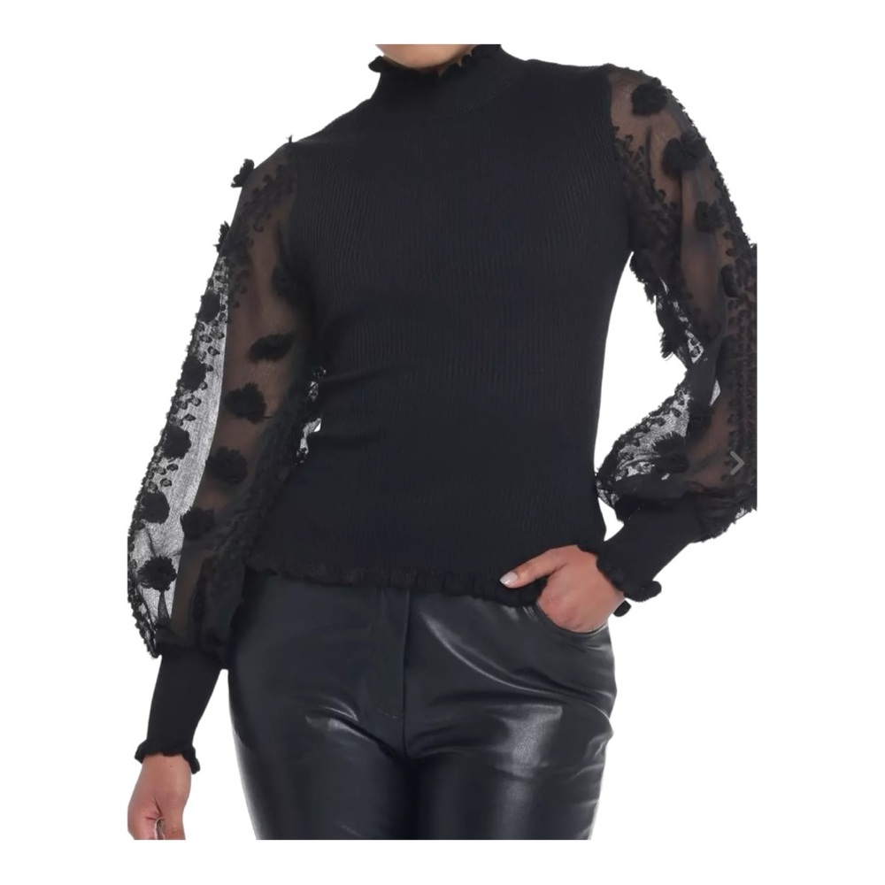 Almost Famous Floral Appliqué Long Sleeve Mock Neck Black Sweater Top Size L